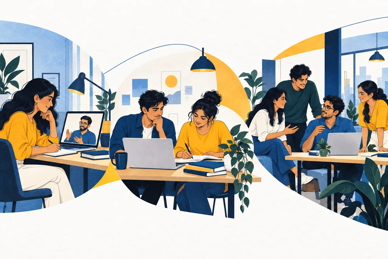 Illustration of students learning with a mentor, developing projects and collaborating at work