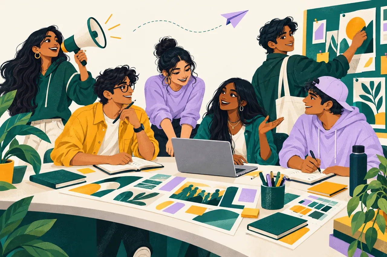 Illustration of student ambassadors collaborating on a campus campaign
